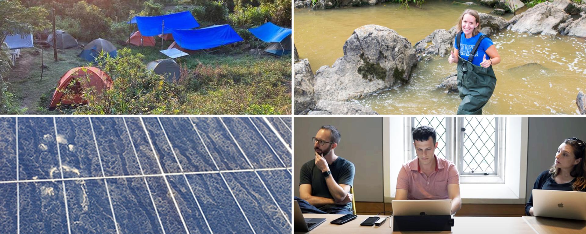 Collage of four images. One is a man scratching his chin, another is a body of water, another is a blue tarp over grass and the last is solar panels.