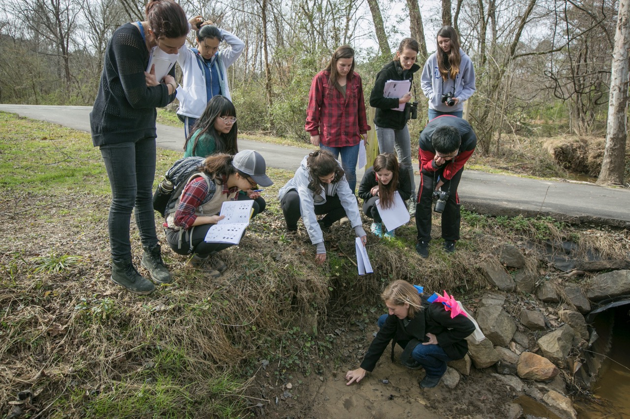 A professor explores a stream bed with a group of students looking on