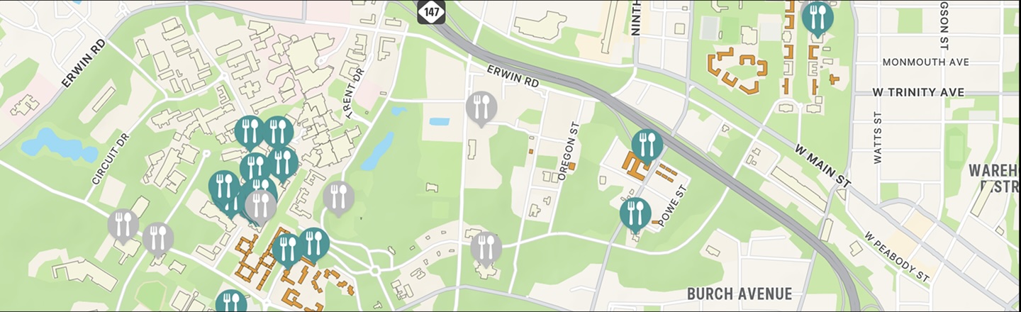 Map of Duke University highlighting on-campus dining locations with fork-and-knife icons.